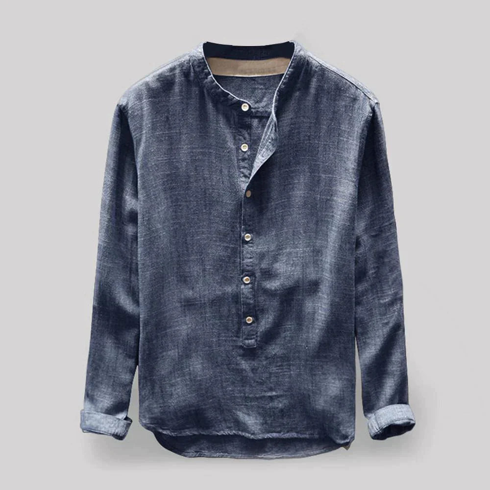 Camicia Casual a Maniche Lunghe con Colletto Coreano da Uomo