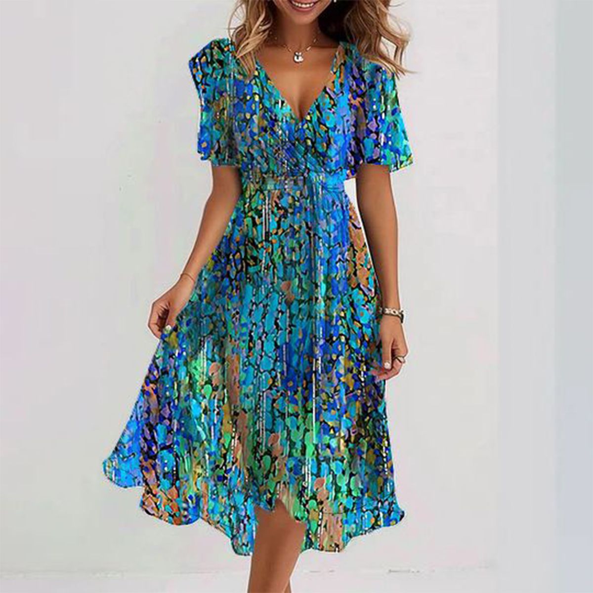 Abito Blu Asimmetrico al Ginocchio con Scollo a V per Donna