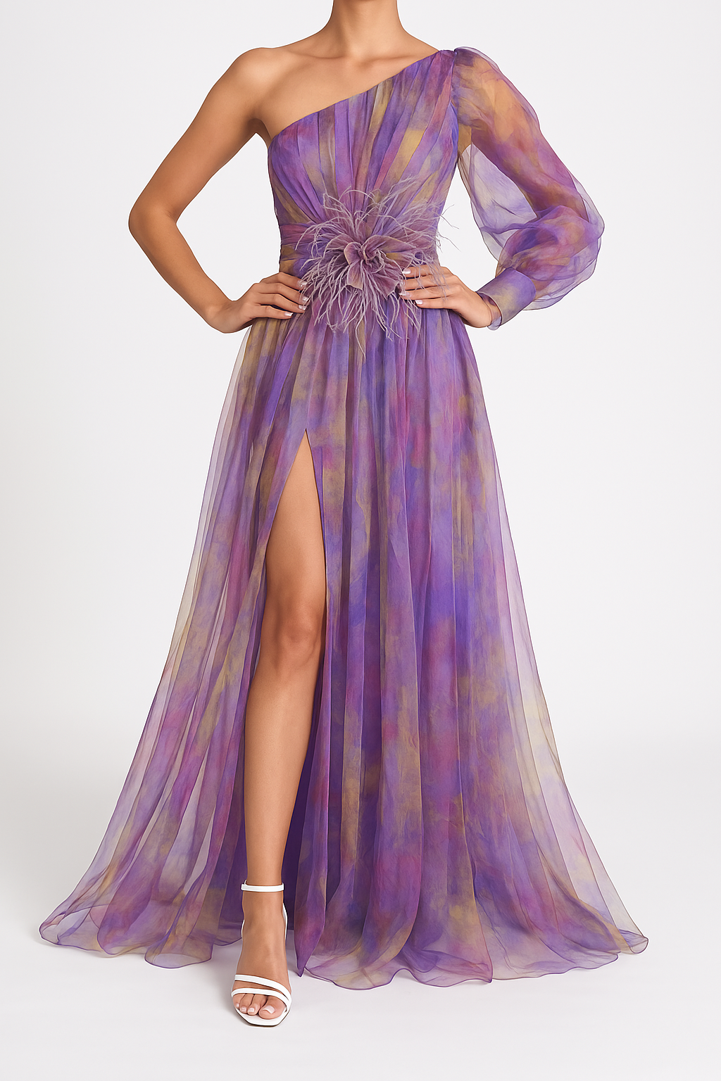 Abito da Sera Elegante Multicolore Monospalla Lungo per Donna