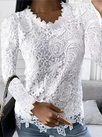 Top Elegante a Maniche Lunghe con Pizzo Floreale per Donna