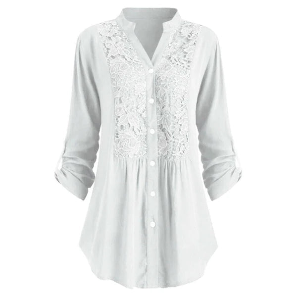 Blusa Lunga con Pizzo Anteriore e Maniche Risvoltate per Donna