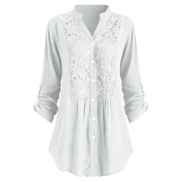 Blusa Lunga con Pizzo Anteriore e Maniche Risvoltate per Donna